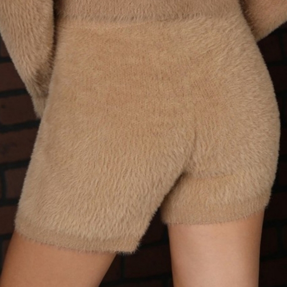 Fuzzy Drawstring Comfy Shorts Tan NWT - Picture 2 of 3